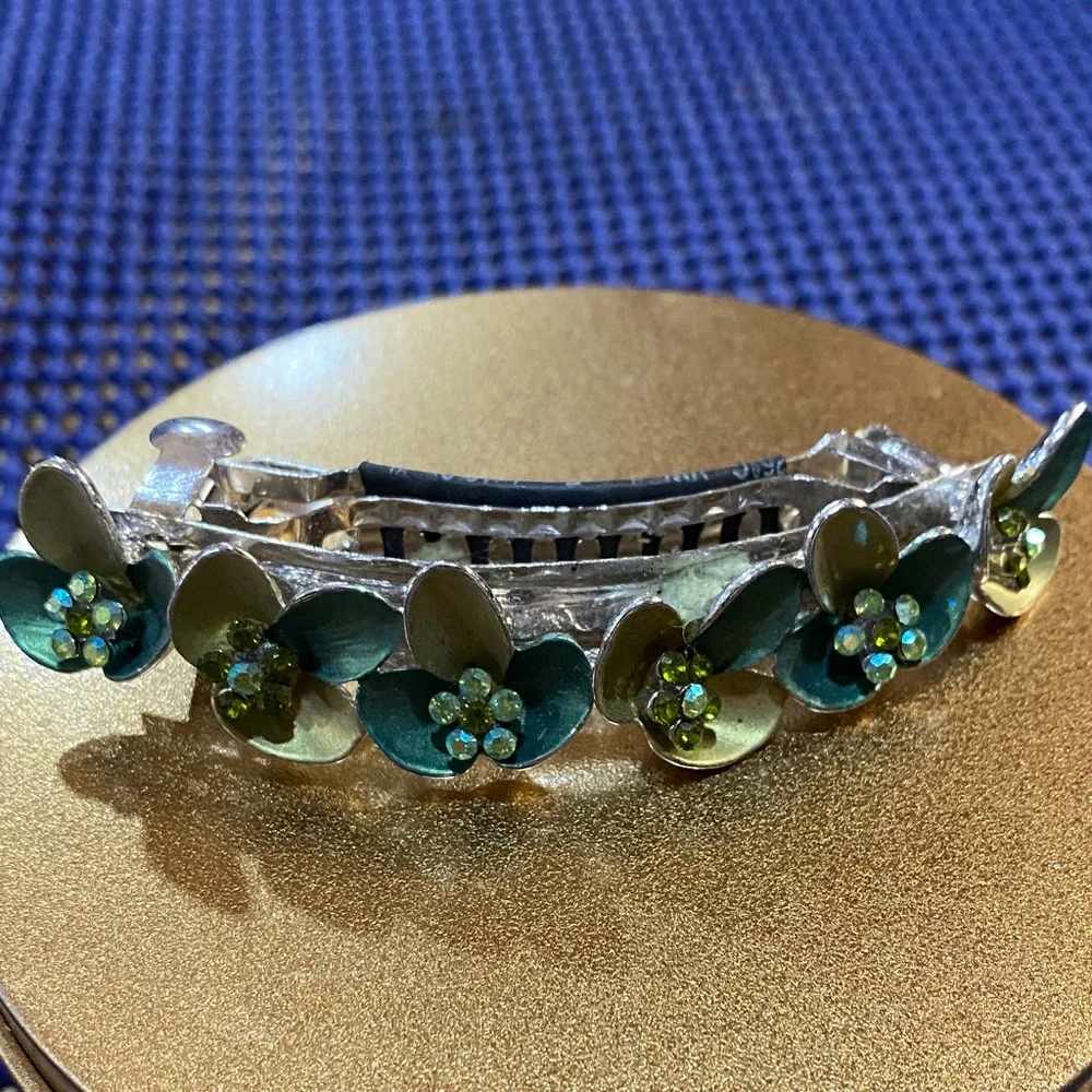 Floral Gold and Green Barrette 4 inches in length - Picture 5 of 7